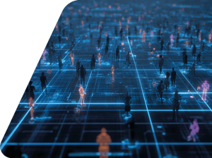 3D-Visualisierung vieler Menschen auf einem leuchtenden blauen Datenraster als Symbol für digitale Vernetzung.