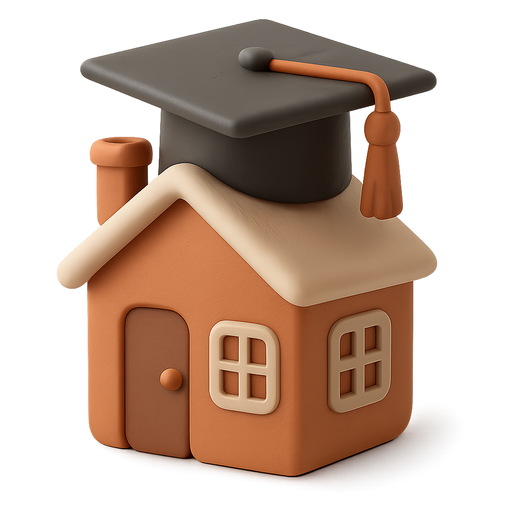 3D Illustration eines Hauses mit einer Akadermikerkappe